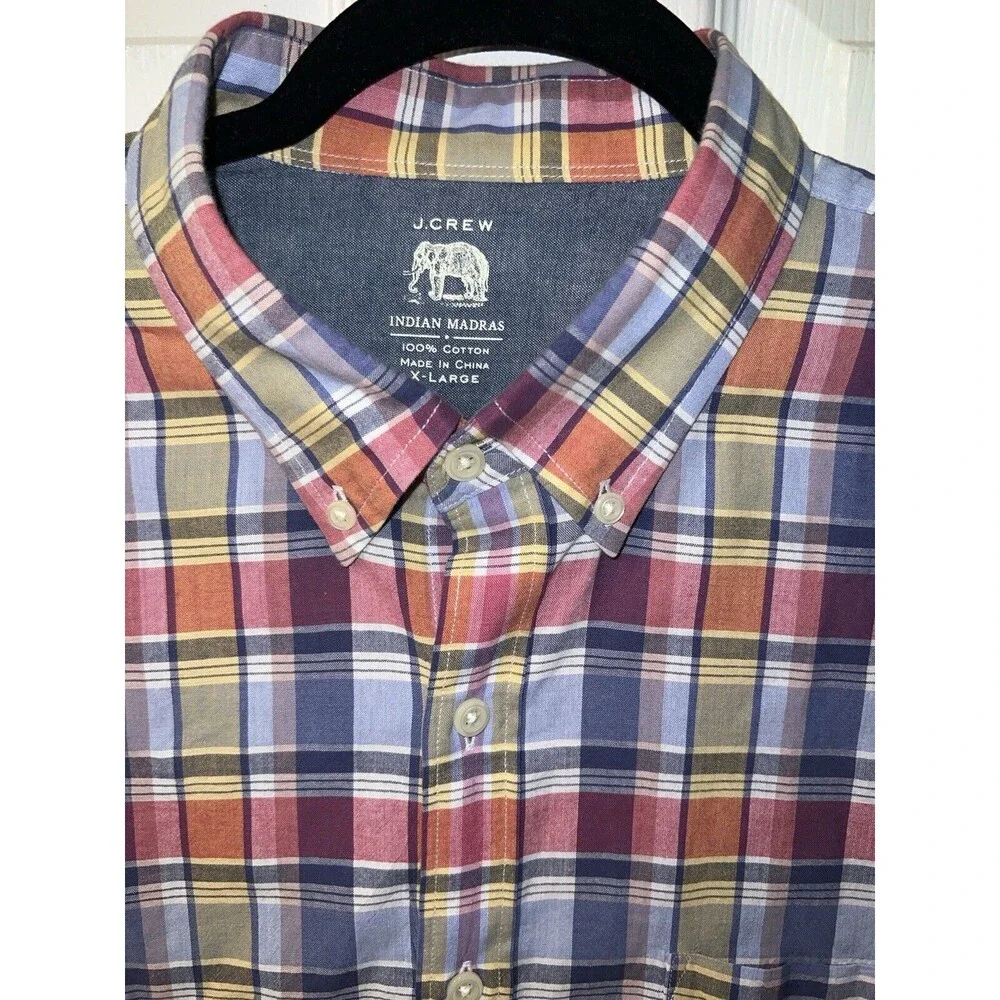 J Crew Tailored Madras Shirt Mens XL Button Front Long Sleeve Blue Plaid preppy